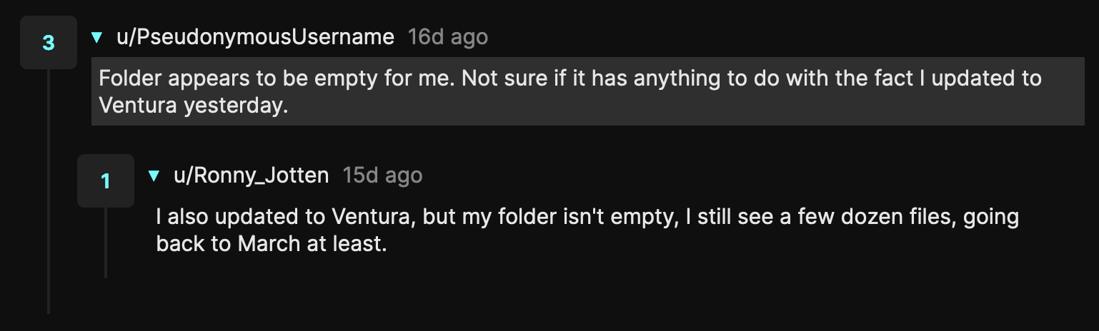 Reddit comment stating that the person didn’t find any files stored by CUPS