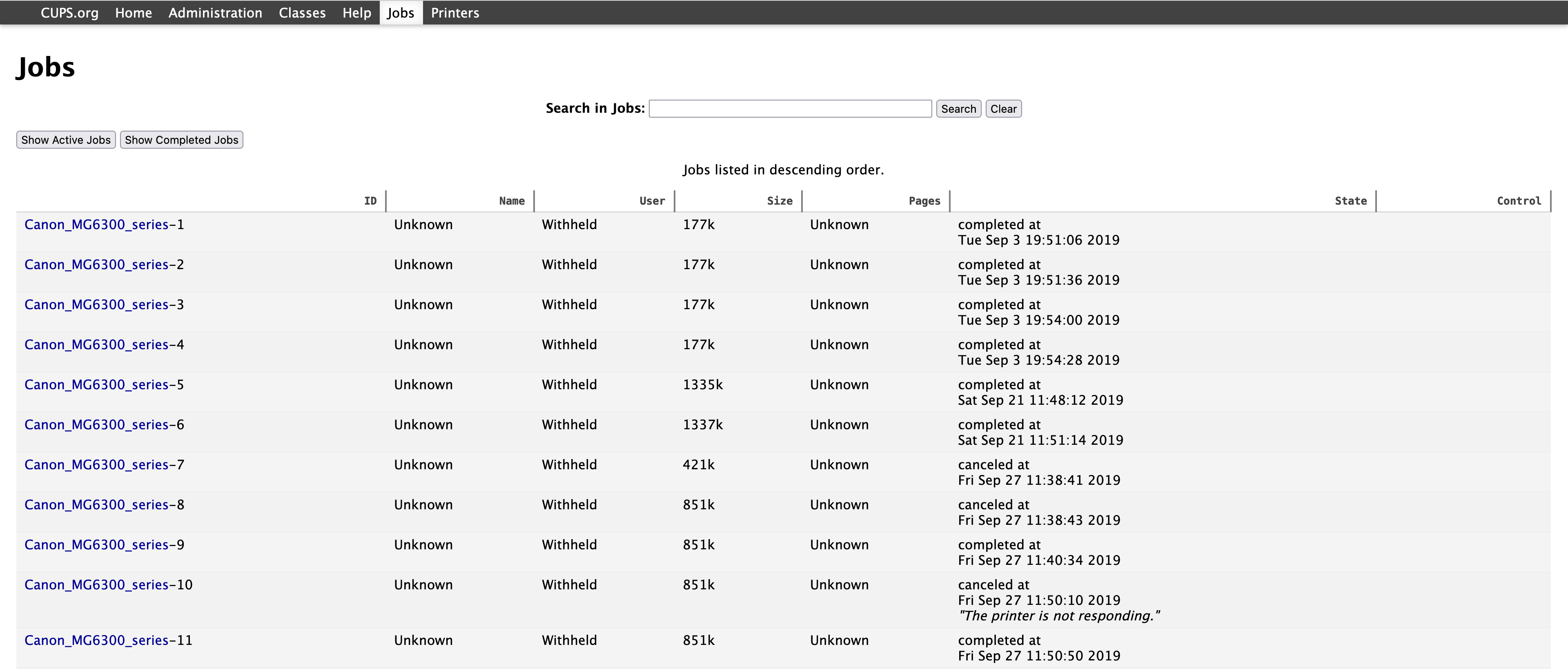 CUPS web interface showing all printed files, along with their names, times, and other information.