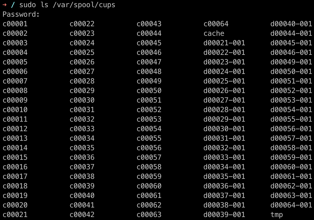 Output of running sudo ls /var/spool/cups showing a bunch of files